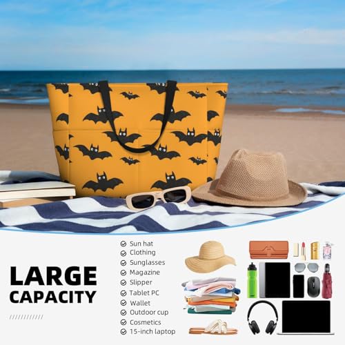 Large Beach Bags for Women Sandproof - Cute Black Bat Print Summer Travel Work Tote Bags with Zipper4