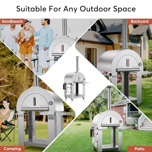 Image of Empava Woodfire Pizza Oven Outdoor with Side Shelf and Wheels, Artisan Grill for Backyard, Patio, Camping, in Stainless Steel, 46 Inch