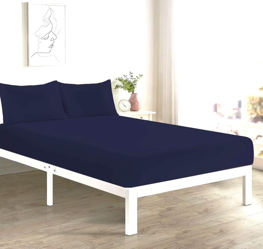 L S U Supersoft Duvet Cover Set Easy Care Bedding Fitted Sheet and Pillowcases in 22 Colours and Single, Double, King, and Super King Sizes (FITTED D navy)