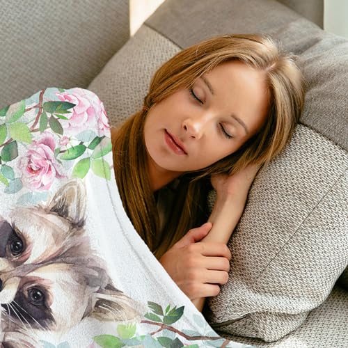 Watercolor Raccoon Flower Blanket Gifts for Girls Cute Floral Raccoon Plush Flannel Throw Blanket for Kids Cow Lover Highland Cow Cozy Fluffy Blanket for Women Women Couch Bed Sofa 130x150 cm - Image 4