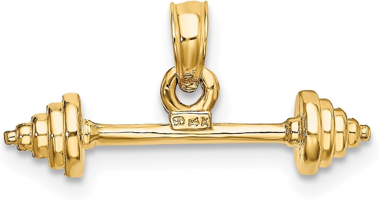 14k Yellow Gold Barbell Pendant with Dumbbell Design, Fitness Jewelry Charm for Men and Women
