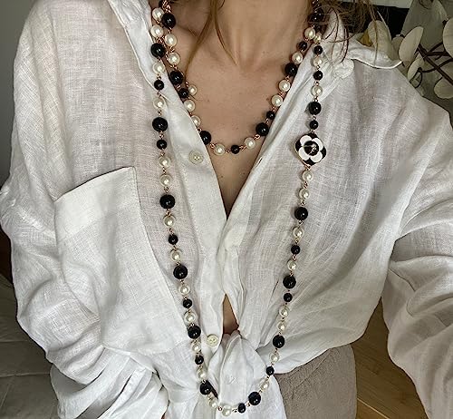 Vintage Inspired Imitation Pearl Long Strand Black and White Camellia Flower Costume Layered Necklace, Statement Multiple Strands Pendant for Women, Jewelry Gift 5