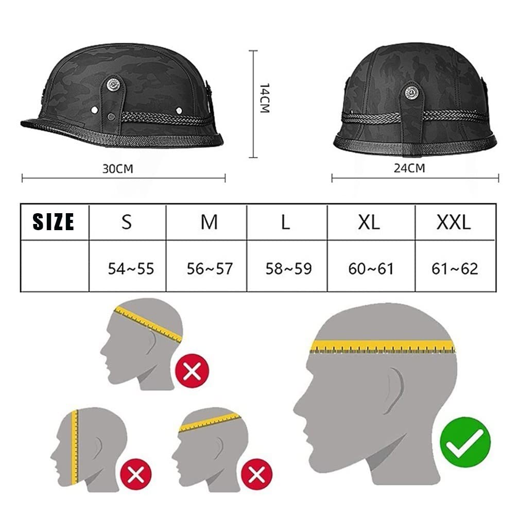 Casco da Moto Mezzo Casco con Cappuccio Testa, Retro PU Mezzo Guscio Casco, DOT/ECE Approvato Casco Stile Tedesco Vintage per Uomini Donne (M ~ XXL)