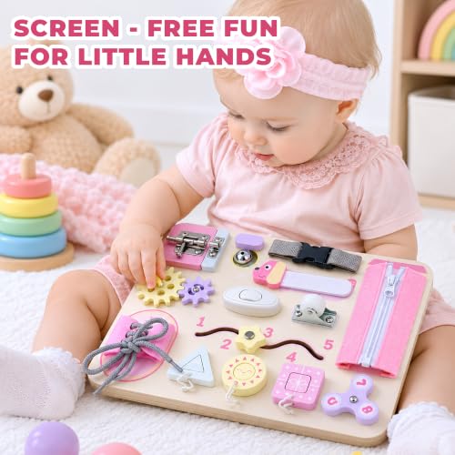 Image of Montessori Busy Board for Toddlers, Wooden Sensory Toys, Preschool Learning Activities for Fine Motor Skills Travel Toy, Basic Life Skills Educational Gifts for 1 2 3 Years Old Kids Boys Girls