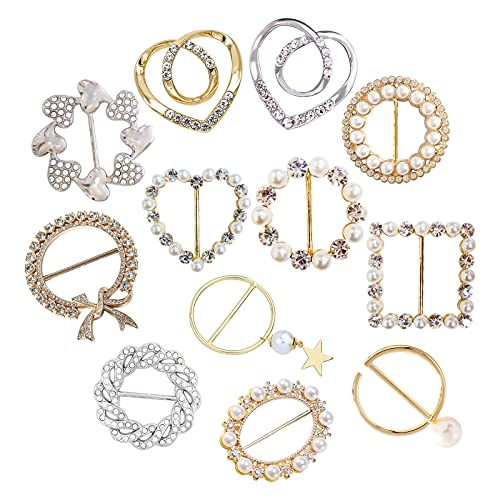 Scarf Tie Buckle Rings for Women,12PCS Metal Party T Shirt Pearls Rhinestone Clips,Clothes Corner Knotted Button for Women Girls Decorative Accessories TXZWJZ