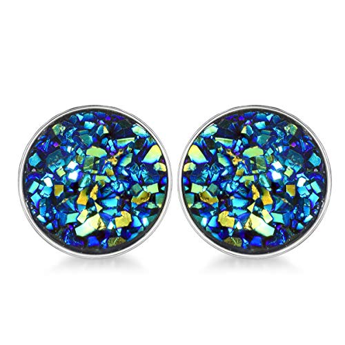 Sterling Silver Druzy Stud Earrings Hypoallergenic Round Studs For Women Men 8Mm -Black, Blue, White, Purple #TOP3