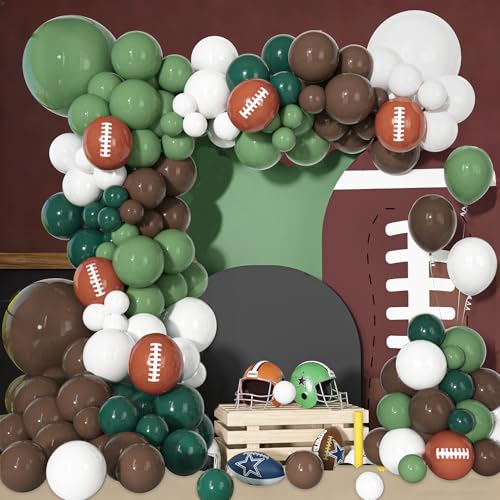 170Pcs Football Balloon Garland Arch Kit Sage Green Brown Dark Green and White with Rugby Printed Balloons for Football First Year Baby Shower Birthday Sports Themed Party Decorations Supplies