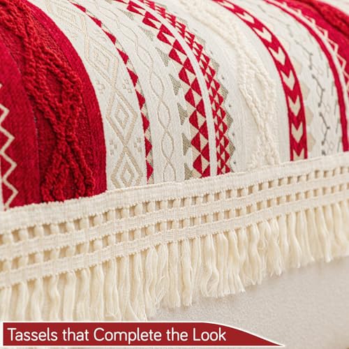 Image of HOKIPO Bohemian Jacquard Weave Sofa Cover Mat with Tassel for 1 /2 /3 Seater & L Shape Sofa | Anti-Slip DIY Sofa Cover Set | 'NordicTassel Series' | 90(W) x 170(L) cm | Ruby Cream (AR-6555-RED)