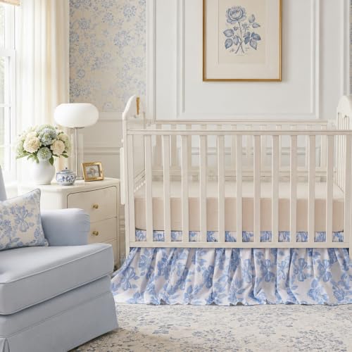 Image of Brandream Organic Cotton Crib Skirt Dust Ruffle, Baby Girl Crib Bed Skirt, 4-Sided, Luxury French Vintage Blue Rose Floral & Bow Cottagecore Toddler Bedskirt Farmhouse Chic Nursery Bedding Skirt