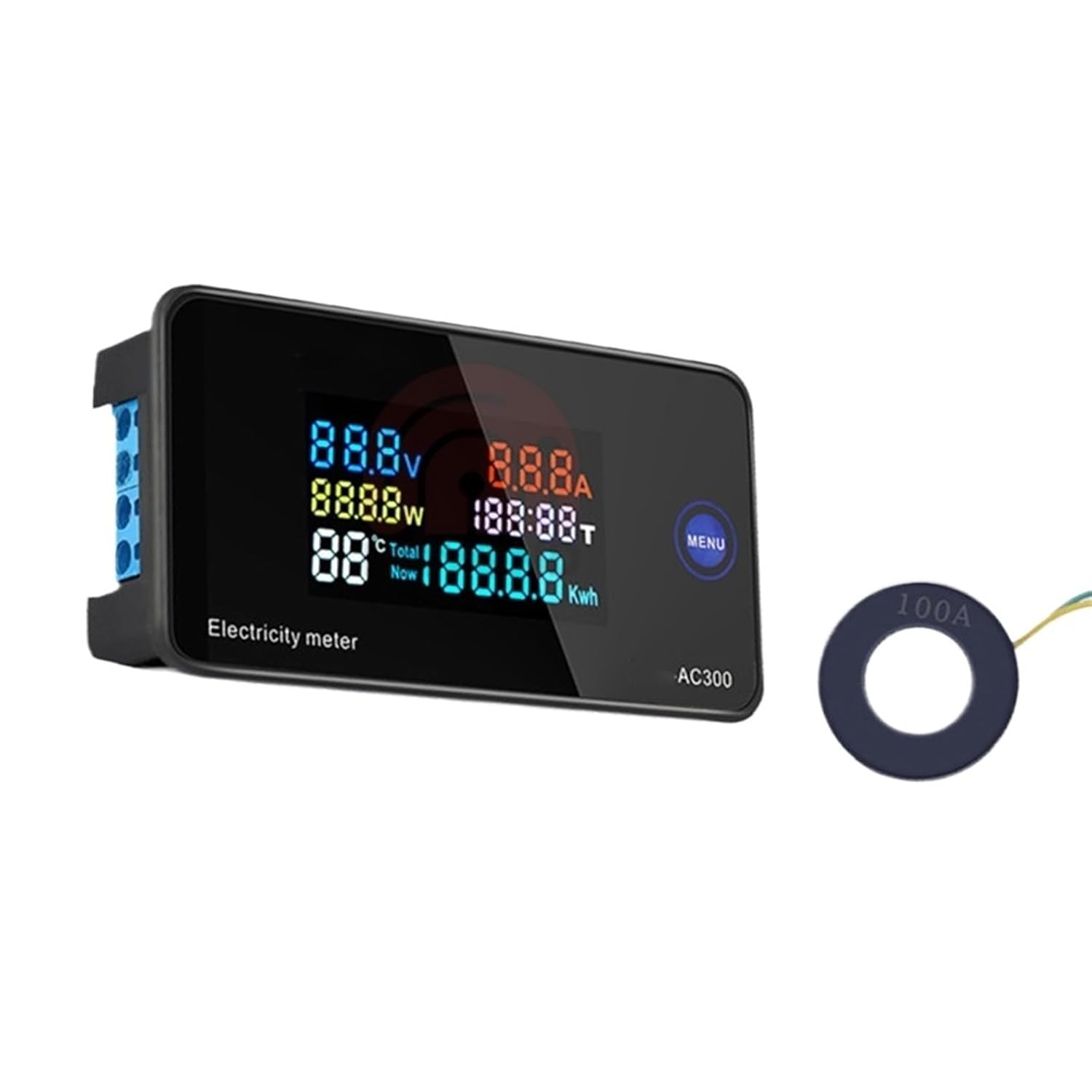 AC50-300V 10A/100A Digital Voltmeter Ammeter Temperature Power Voltage Amp Tester with External Switching/Closed CT(100A Closed CT)
