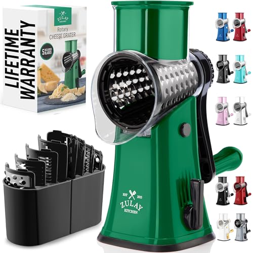 Image of Zulay Kitchen Rotary Cheese Grater 5 Blade Cheese Shredder - Manual Hand Crank Cheese Grater With Reinforced Suction & 5 Interchangeable Drums - Easy to Use, Vegetable Chopper Round Mandoline Slicer