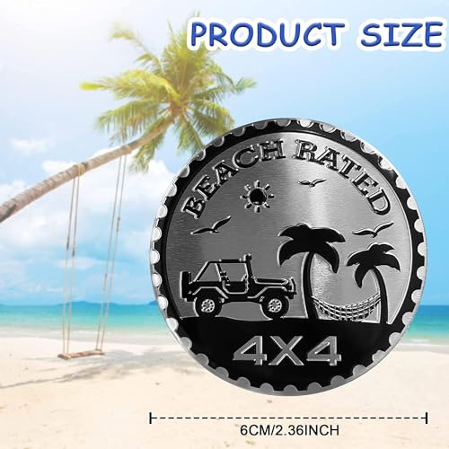 Image of 4Pcs Beach Badge Rated Metal Automotive Badge 3D Metal Car Badges Emblems Round Emblem Decals Compatible for Jeep Wrangler Vehicles Trucks SUV