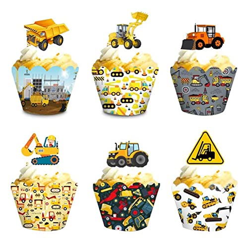 Bymivofun 48 Stück Bagger Cupcake Topper, Bagger Cupcake Wrapper, Baufahrzeuge Cupcake Dekoration, für Kinder Jungen Kindergeburtstag Party Dekoration Cover