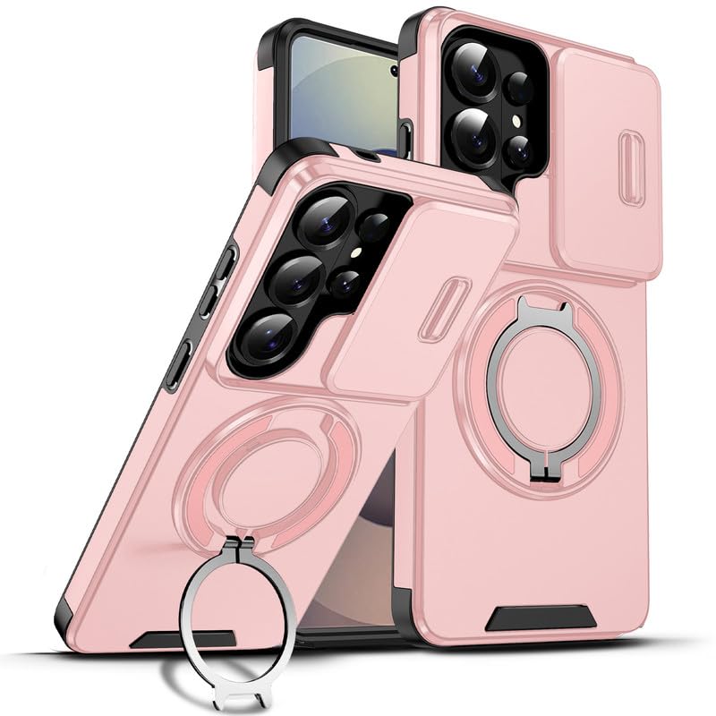 Image of LuxuryKase Shockproof Rugged Case for Samsung Galaxy S26 Ultra | Slide Camera Cover | 360 Rotating Ring Kickstand | Military-Grade Protection - Rose Pink