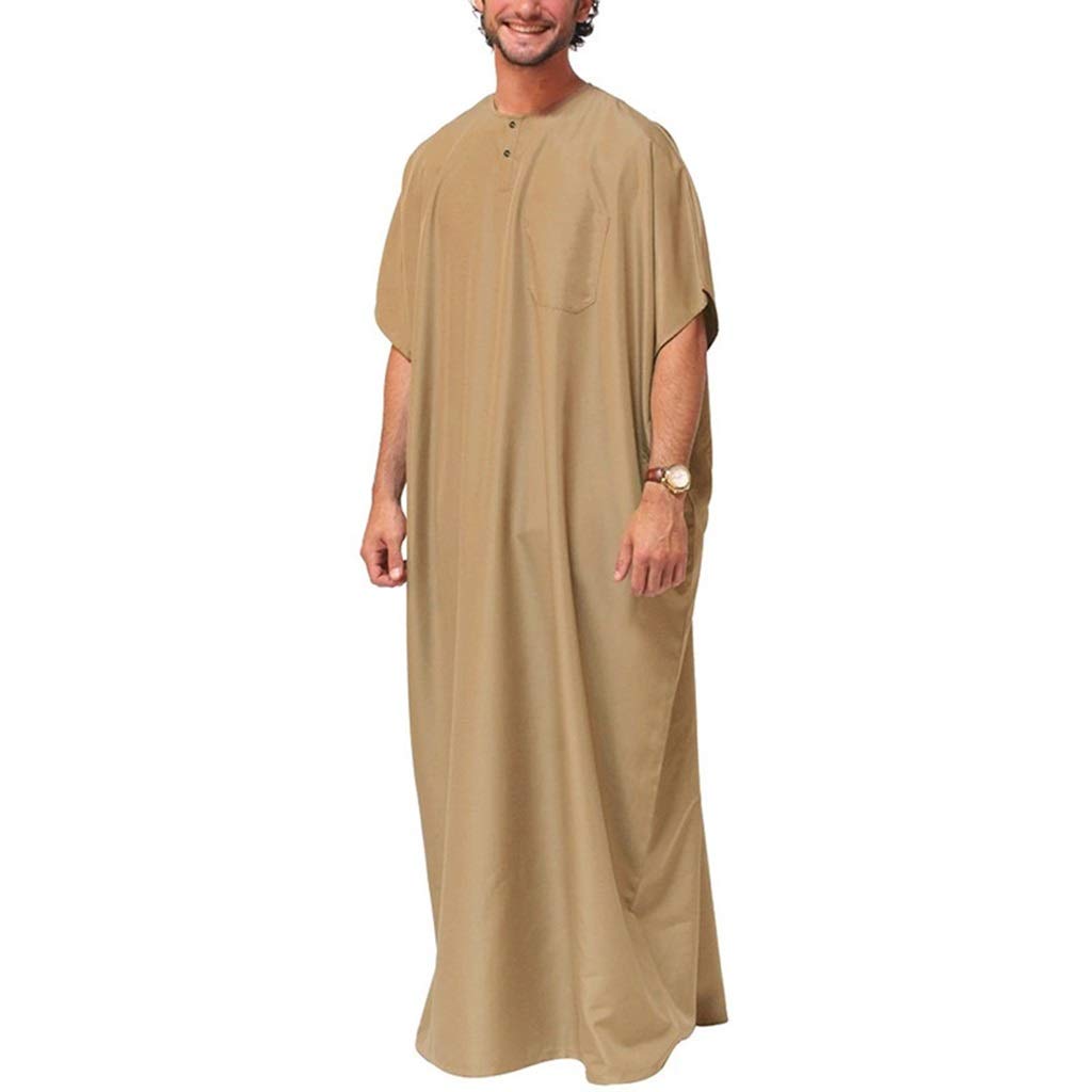 GaoYunQinMens Muslim Dress, Mens Nightgown, Short Sleeve Ethnic Lounge Clothing Middle East Saudi Arabic Robes with Pockets Loose Pajama Sleep Shirt (Color : Yellow, Size : L)