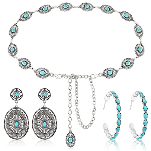 Newtay 3 Pcs Western Turquoise Belt and Earrings Set for Women Cowgirl Bohemian Turquoise Jewelry Set Concho Belt Boho Earrings for Dresses Jeans Country Concert Outfit