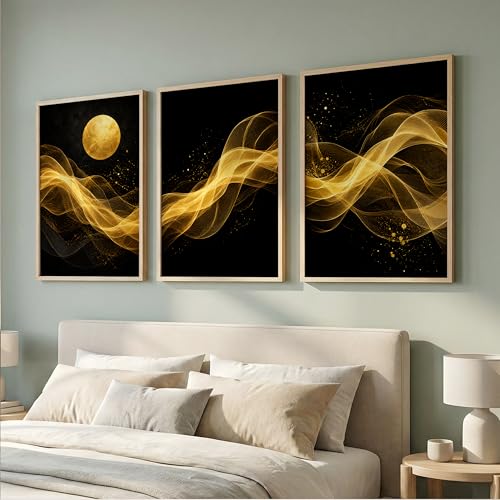 Image of TheMakerly Set of 3 Black Gold Abstract Moon Wall Art Paintings for Living Room | Luxury Modern Wall Decor | Golden Wave Wall Paintings for Bedroom, Hall, Office & Home Decoration (10x13 Inches)