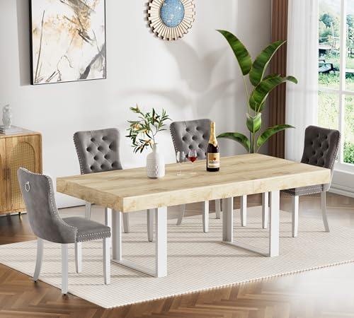 Image of Oak Dining Room Table Set for 4, 5-Piece 63 inch-78.74 inch Extendable Dining Table Set with 4 Upholstered Chairs, Rectangle Wooden Expanding Kitchen Table and Grey Chairs Set