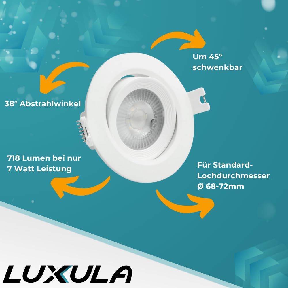 LUXULA 10er Set schwenkbarer LED Einbaustrahler 230V - Ø68-72mm - 7W 718lm - CCT Einbauleuchte Spot IP44 Badezimmer Küche - 3000K 4000K 6000K einstellbar - Warmweiß Neutralweiß Kaltweiß