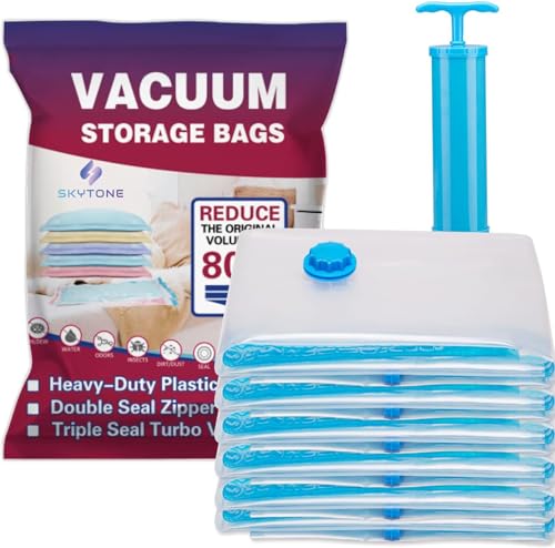 Image of SKYTONE Vacuum Bags for Travel, Space Saver Bags Pack Of 15 Compression Airtight Reusable Bags for Clothes, Bedding, Pillows, Blankets, Vaccine Sealed Compression Packing Bag with Hand Pump (15 Pcs)