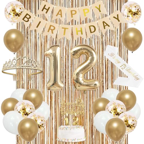 Image of Trgowaul 12th Birthday Decorations for Girls, Banner, Sash and Crown, Cake Topper, 12 Number Balloon, Fringe Curtains, Champagne Gold 12th Birthday Party Supplies