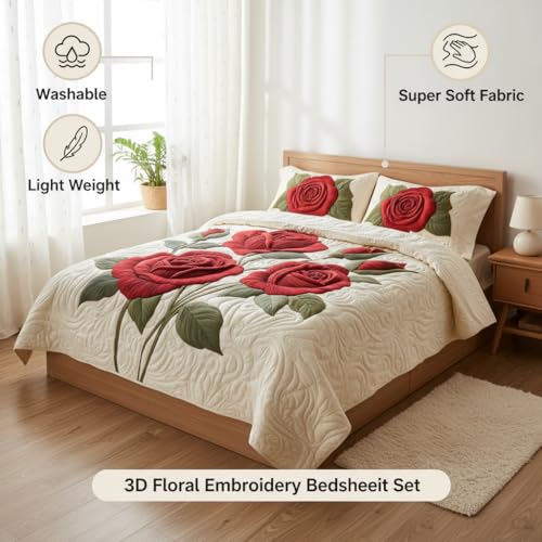 Image of Decor Well 7d Bedsheet for Double Bed King Size with 2 Pillow Covers, Polycotton 220 TC Super Soft & Breathable, Wrinkle Free Red Rose-4 Printed Bedsheet Set (90x100 Inch)