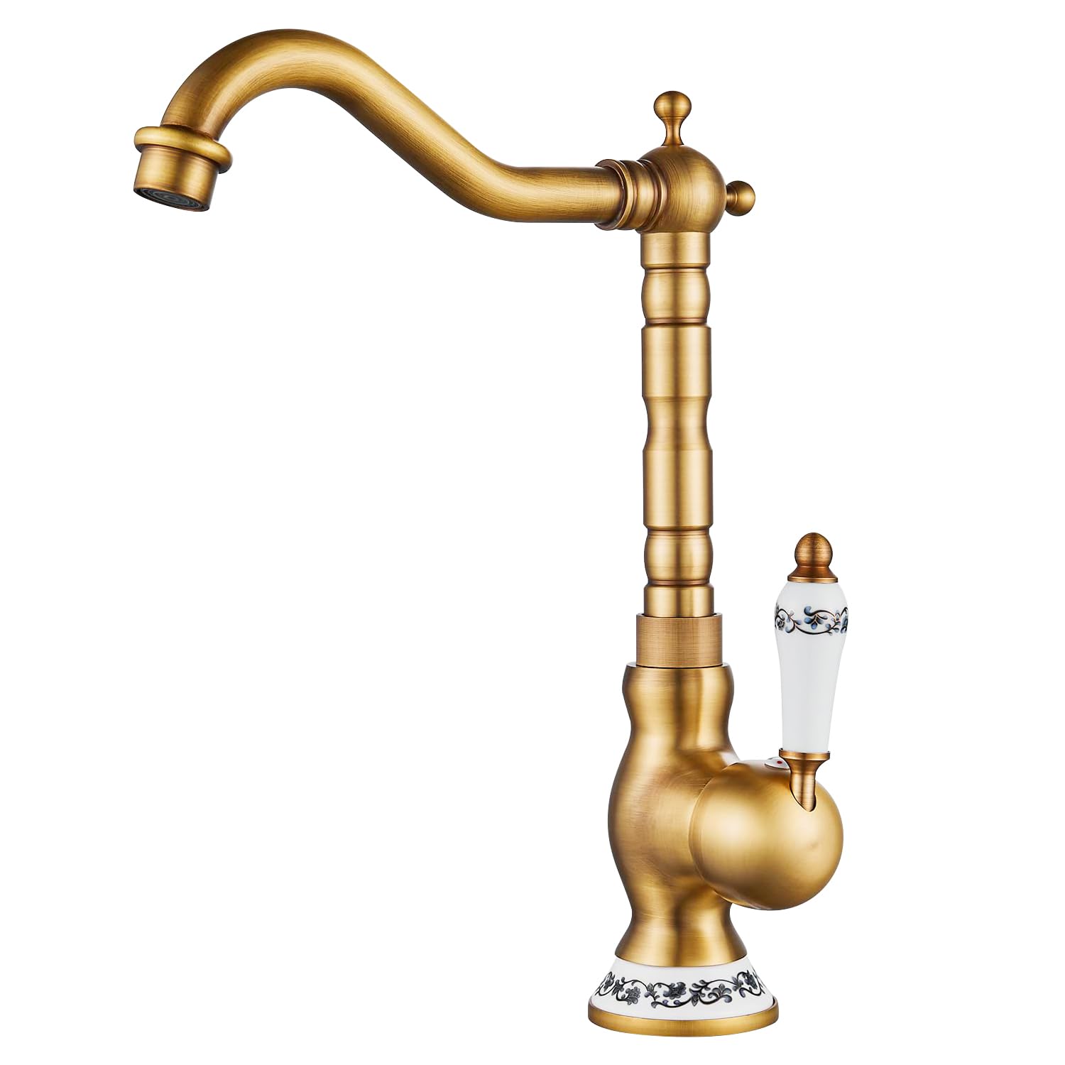 Grifo para Lavabo de Baño, Monomando Vintage de Cerámica, Estilo Retro Dorado, Latón Antiguo, con Manguera Flexible