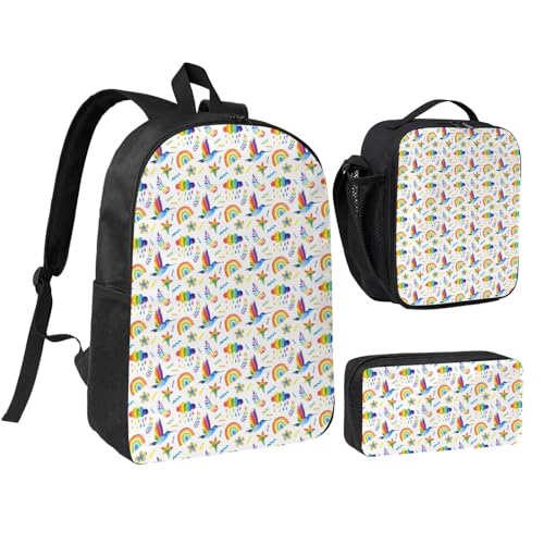 LGBT Gay Pride Rainbow Hummingbird 17 Inch Backpack Sets Lunch Bag Lightweight Daypack for Men Women 3Pcs