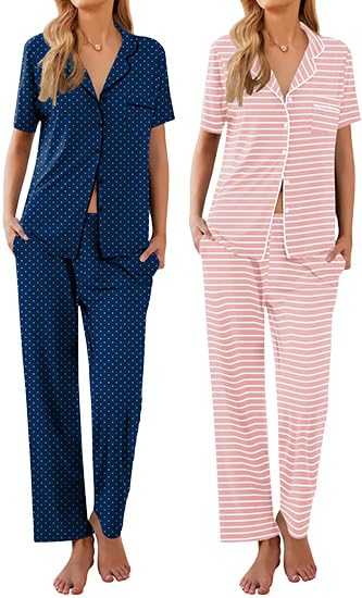 Image of Ekouaer 2 Pack：Womens Pajamas Short Sleeve Pjs Notch Collar Button Up Loungewear Cozy Sleepwear Sets