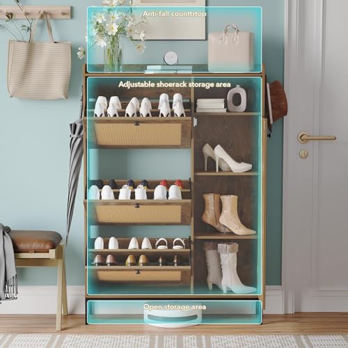 Image of Rattan Wooden Shoe Cabinet, Freestanding 3-Flip Drawer Shoe Storage Organizer, Side Cabinet & Top Fence, Easy Assembly Shoe Rack for Entryway Hallway Living Room, Tree Pomegranate