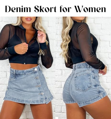 Denim Skort for Women Trendy Slit Mini Denim Skirt Casual Stretchy Jean Skirt with Shorts Summer Short Skirt2