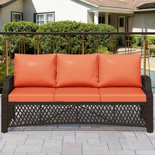 Image of HOMREST Wicker Patio Furniture 3-seat Sofa,Outdoor Seating Couch with Cushions, All-Weather Patio Couch for Porch, Poolside, Garden, Deck(Orange)