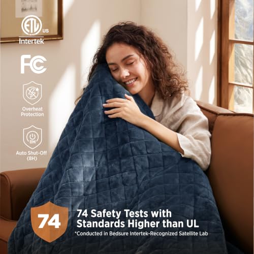 Image of Bedsure Luxury Quilted Heated Throw Blanket, Thick Electric Blanket, Blue