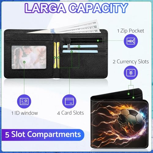 Image of Boys Soccer Wallet for Teens, Cool Kids Wallet for Boys Ages 8-10 9-12 11-15, Funny Leather Bifold Rfid Blocking, Coin Pocket Id Window for Teen Men Youth Guys Birthday Christmas Gifts