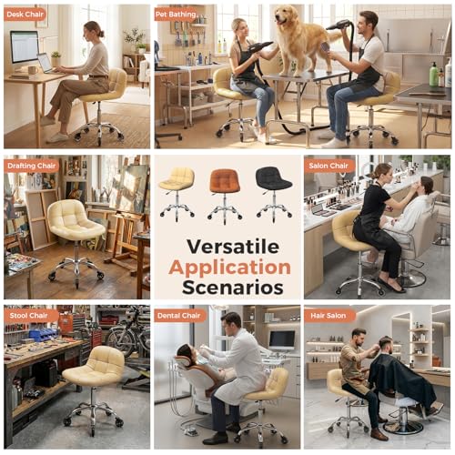 Image of Rolling Stool Chair with Wheels, Height Adjustable Stool with Back Support, Office Drafting Chair with PU Leather Cushion for Home Office Kitchen Vanity Salon Garage Tattoo Dentist Esthetician(White)