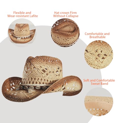 Image of Men's Cowboy Hats Summer Women Beach Cowgirl Hat Raffia Unisex Western Sun Hat