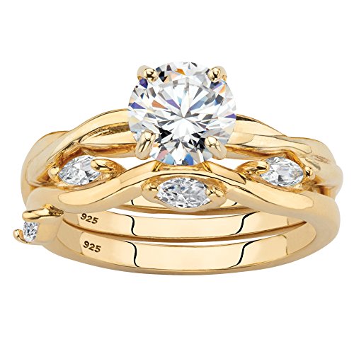 14K Yellow Gold over Sterling Silver Round and Marquise Cut Cubic Zirconia 2 Piece Twisted Vine Bridal Ring Set Size 9