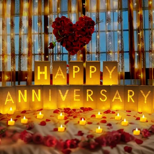 Image of Happy Anniversary Decoration, Light Up Letters Luminaries Signs with Flameless Candles and Fake Rose Petals, Anniversary Romantic Party Decor