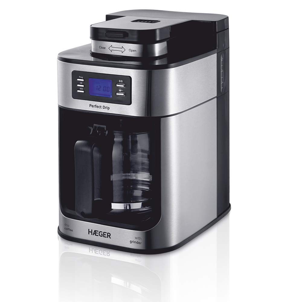 HAEGER Drip - Cafetera de Goteo automática con Molinillo, 1050W, Capacidad: 1,2L - Plato calentado para Mantener Caliente, Capacidad de Molino: 60g, Pantalla LCD, Temporizador de 24 Horas
