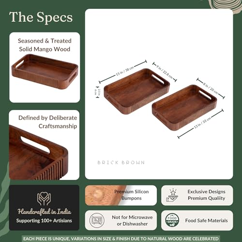 Image of Brick Brown Premium Handcrafted Wooden Duet Nested Serving Trays Set of 2 Tea, Breakfast Tray with Handles - Decorative Coffee Table Organizer Platter for Home, Kitchen, Dining, Restaurant & Office