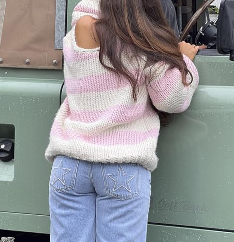 Image of Women Striped Chunky Knit Sweater Drop Shoulder Long Sleeve V-Neck Oversized Sweater Pullover Loose Knit Jumper Top