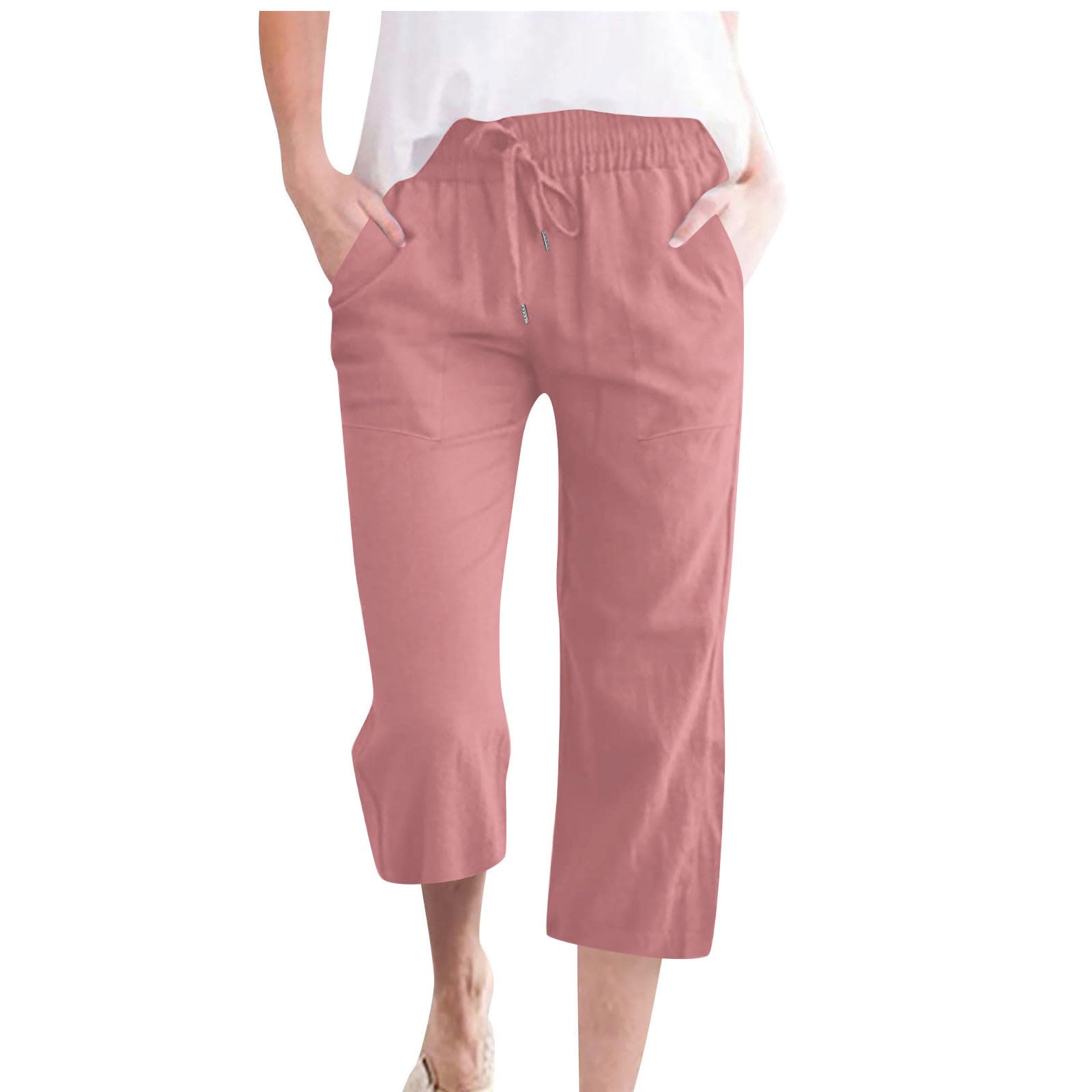 Leinenhose Damen Sommer 3/4,Baumwolle Leinen Stoffhose Leicht Atmungsaktiv Yogahose Einfarbig Lässig Caprihose Weites Bein Hosen mit Taschen Elastische Bequeme Sommerhose Weich Sporthose für Frauen
