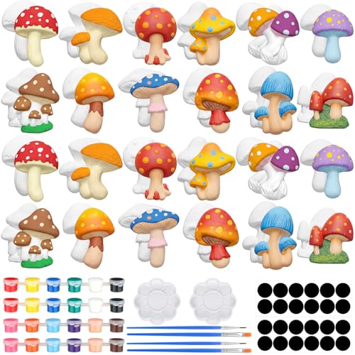 Junkin 24 Sets Mushroom Arts and Crafts Set Painting Kit for Unpainted DIY Ceramic Figurines Paint Your Own Figurines with 24 Magnet 4 Brushes and 2 Palette Ceramic Painting Kit Creative Activity