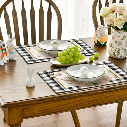 Artoid-Mode-Buffalo-Plaid-Bunny-Ear-Foot-Flower-Easter-Placemats-Set-of-4-12×18-Inch-Seasonal-Spring-Table-Mats-for-Party-Kitchen-Dining-Decoration Artoid Mode Buffalo Plaid Bunny Ear Foot Flower Easter Placemats Set of 4 12×18 Inch Seasonal Spring Table Mats for Party Kitchen Dining Decoration