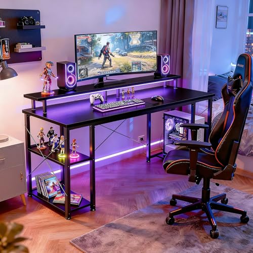 Image of ODK 55 inch Gaming Desk with LED Lights & Power Outlets, Computer Desk with Monitor Stand & Storage Shelves, CPU Stand, Home Office Desk, Black