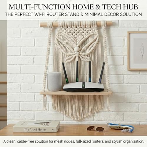 Image of Decazone Macrame Wall Hanging Shelf Bohemian Designs Home Decor Natural Pine Wooden Shelves and Cotton Cord (Mini Boho) (Butterfly)