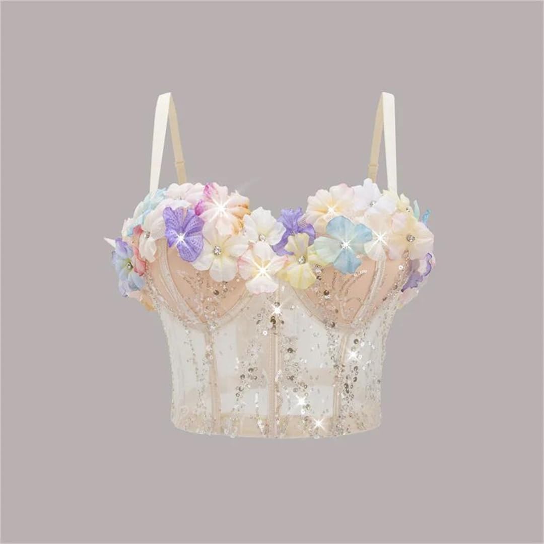Yeuyyben Camiseta corta con lentejuelas florales para mujer, sin mangas, ajustada, para verano, informal, para el escenario