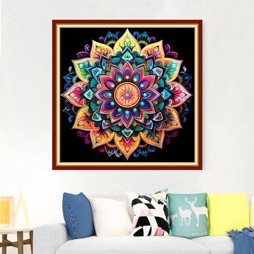 Image of Foxdiviy Cross Stitch Kits - Mandala 18x18 inch - Beginner Friendly - Embroidery Patterns - DIY Needlework - Colorful - No Frame - Includes Threads, Needles, Instructions