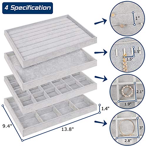 Mebbay Stackable Velvet Jewelry Trays Organizer, Jewelry Storage Display Trays For Drawer, Earring Necklace Bracelet Ring Organizer, Set Of 4 (Grey) #TOP1