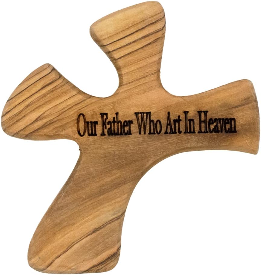 Olive Wood Prayer Cross: Hand Held Cross Made to Perfectly Fit in Your Hand (Our Father who art in Heaven)